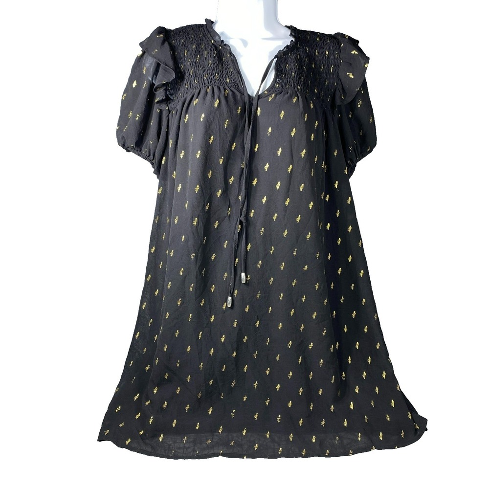 Entro Mini Dress Small Black Gold Smocked Puff Sleeve Cottagecore Boho Babydoll